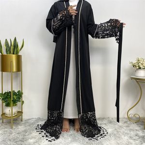 Etniska kläder kvinnors muslimska Ababya Indien Turkiet Abaya Dresse Wedding Evening Party Dress Elegant Spets Hollow Out Belted 230324