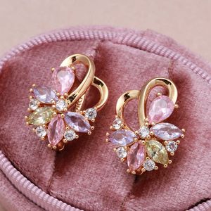 Charm Luxury 585 Rose Gold Clip Earrings Water Drop Colorful Zircon Curve Earring Symmetry Piercing Hoops for Women Party Jewelry Gift Z0323
