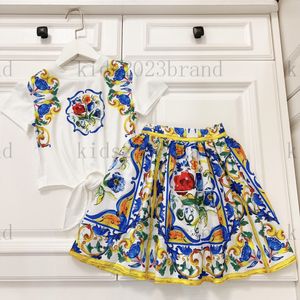 2023 court style girls dresses sets luxury pleated skirts t shirts dress high end children summer designer dress fashion kids sports tracksuits size 90-150cm