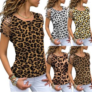 Women's T Shirts Women Fashion Cutout Shoulder Colorful Leopard Printed Short Sleeve Shirt Summer Casual Sexy Female Tshirts High Street