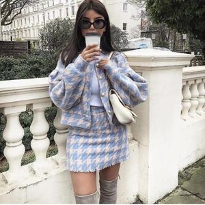Two Piece Dress Vintage Sweet Women Pearl Button Check Gingham Plaid Blazer A Line Mini Short Skirts Long Sleeve Suits 2 Pieces Set MT129Two
