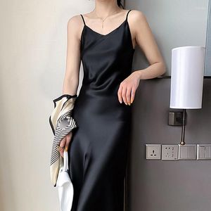 Casual Dresses Neon Satin Dress Women Suspender Party Trim Sexy Slim Bottoming Lady Wear Elegant Club Clothes Vestido Robe