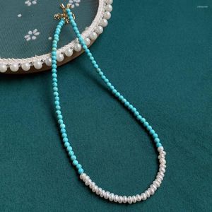 Girocollo 3mm Collane di perle d'acqua dolce naturale Collana da donna con bottone irregolare con turchesi blu reale