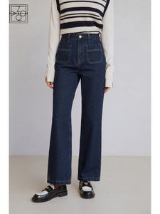 Jeans feminino ziqiao azul escuro retro largura perna alta cintura alta bolso grande desifn inverno engrosco jeans solto jean 230324