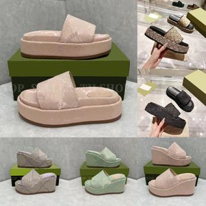 Kvinnor Jumbo Slides Platform Slipper Muticolor Linen Fabric Mule Sandal Mid-Heel Rubber Bottom Wedges Beige ljusrosa Canvas G Slippers Size35-41 med låda