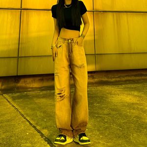 Męskie spodnie dżinsowe Brown podarta kobietę szeroką nogę Y2K Koreańska moda streetwear Hip Hop Aesthetics Ins Ins