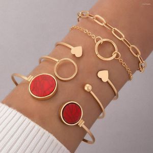 Bangle 2023 Jewelry Geometric Imitation Red Turquoise Triangle Peach Heart Open Letter Smooth Face Bracelet Set Of Five