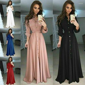 Sukienki swobodne kobiety z długim rękawem guziki maxi sukienka wieczorowa koszulka imprezowa solidna czarna różowa biała niebieska niebieska plus size s-3xl