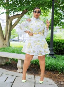 Ethnic Clothing 2023 African Plus Size Dress For Women Autumn Long Sleeve White Printing Mini Clothes