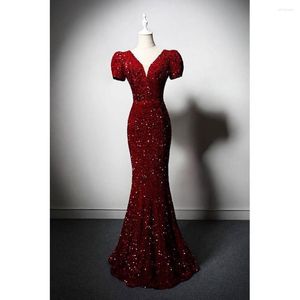 Party Dresses Mermaid Wine Red Evening Shiny Puff Sleeves V Neck Löstagbar båge paljetter Kvinnor Backless Wedding Prom -klänningar 2023