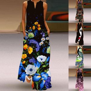 Casual Kleider Rosa Für Frauen Sommer Ärmelloses Drucken V-Ausschnitt Maxi Lose Kleid Boho Strand Langes Sommerkleid Mit Taschen