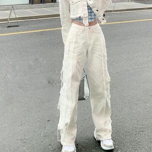 Women's Jeans Harajuku High Waist White Women Summer Fashion Tassel Edge Design Straight Female Casual All Match Denim Trousers 230324