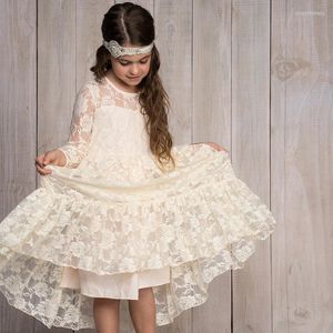 Mädchen Kleider Romantische Kinder Mädchen Langarm Spitzenkleid Blume Hochzeit Rosenmuster Hallow Out Gerade Strand Vestido Kleidung