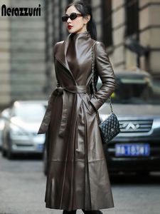 Kvinnorjackor Nerazzurri Autumn Long Brown Black Soft Faux Leather Trench Coat for Women Belt kjolade elegant lyxmode 5xl 6xl 7xl 230324