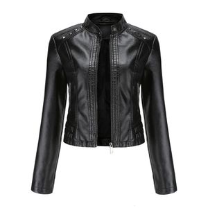 Women's Jackets Rivet Motor Woman's Black Leather Crop Top Streetwear Spring Soft Faux Coats Stand Collar 230324