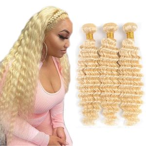 613 Blonde Deep Wave Brazilian Human Hair Bundles Platinum Blonde Hair Extensions 3pcs/lot Double Weft