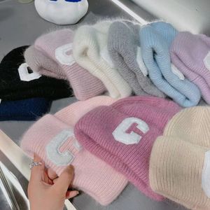 BeanieSkull Caps Rabbit fur bi-fold C letter knitted hat fashion Korean version autumn and winter outdoor warm ear protection wool cap pullover 230324