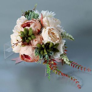 Flores de casamento Romântico Bridal Bridesmaid Bouquet Cachoeira Flor Artificial Fake Suculenta Longa Fita Retro de Luxo Partema W0ya