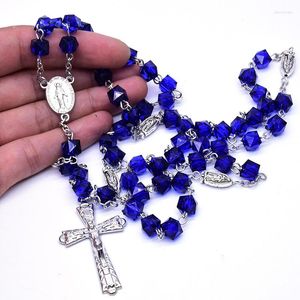 Naszyjniki wisiorek katolicki niebieski różaniec kwadratowe koraliki Naszyjnik Virgin Mary Cross for Women Religijne biżuterię Prezent biżuterii