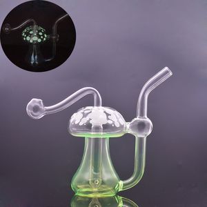 Pilz-Glas-Ölbrenner-Bong, leuchtet im Dunkeln, Recycler, Bubbler, Rauchwasserpfeife, Aschefänger, Wasserpfeifen mit 10 mm männlichem Glas-Ölbrennerrohr