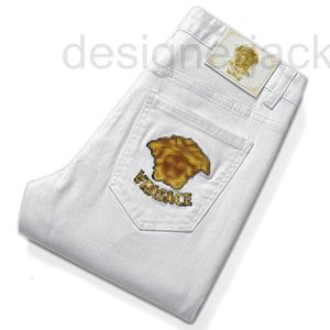 Men's Jeans Designer White Medusa Embroidery Slim Fit Small Straight Length Pants Brand G4H1