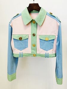 Women's Jackets HIGH STREET est 2023 Fashion Designer Top's Casual Color Block Gold Buttons Pockets Patchwork Crop Denim Jacket 230325