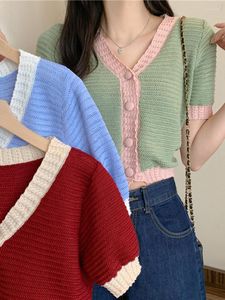 Kvinnors stickor Knit Crop Top Sweater 2023 Summer Thin Cardigan Women Sweaters Button Short Sleeve Tops Vintage Clothes Vetement Femme