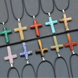 Cross Charm Natural Crystal Pendant Necklace Reiki Agates Carnelian Pink Quartz Pendulum Healing Stone Halsband Bönsmycken