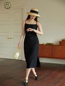 Casual Dresses Dushu Women Long Black Slit Slit Design Elegant fyrkantig halsjusterbar remfjäder solid 230325
