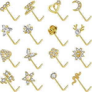 Ringos do nariz pregos L Shape Ring Gold Silver Screw S Pin CZ Butterfly Heart Moon Flower Piercing Jóias para homens 230325