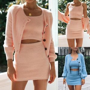 Arbetsklänningar 2023 Ladies Fashion Suit Sexig Slim midjeband Cardigan Three-Piece Solid Color Vacation Leisure Kort kjol Kvinnor