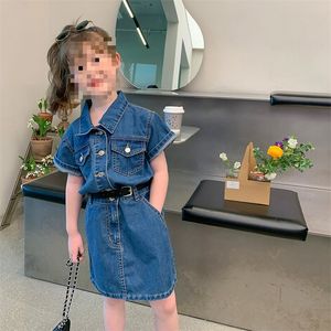 16082 New Summer Kids Denim Dress Girls Short Sleeve Dress Children Girl Princess Casual Jeans Dresses with Belt