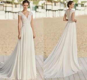 V Neck Boho Beach A Line Wedding Dresses Cap ärmar Charmig Chiffon Lace Moderskap Brudklänningar Knappar Back Sweep Train Reception Party Dress for Bride CL2080