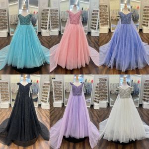 Periwinkle Sequin Girl Pageant Dress 2023 Cape Beading Ballgown Off-Shoulder Neck Little Kid Birthday Formal Party Gown Toddler Teens Preteen Sherr Lilac Pink Ivory