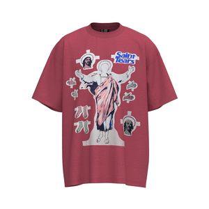 Denim vermelho jeasus saint cor lágrimas impressão michael t camisas plus size t-shirts masculino vintage ácido lavado oversized streetwear t feminino-ee