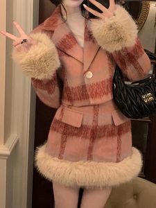 Vestido de duas peças vestido de duas peças inverno quente malha saia curta ternos para mulheres y2k conjunto de roupas casaco feminino coreano moda botão pano de lã 230324