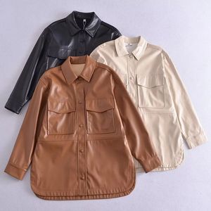 Women's Jackets Black Faux Leather Shirt Jacket Spring 2023 Loose Coat Korean Fashion Coffee Beige Top Casual Elegant Youth Vintage 230324