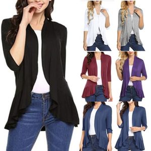 Women's Knits Tee's Cardigan Spring Summer Autumn Clothing Solid Color Slim Top Ruffle Hem Three Quarter Sleeve Thin Simple Coat Black White 230324