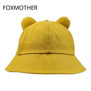 Wide Brim Hats FOXMOTHER New Cute Fashion Yellow Pink Solid Color Cat Ears Bucket Hat Women Korean P230311