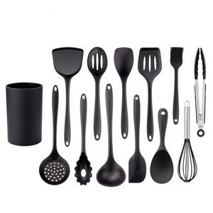 Kochgeschirrteile, schwarzes Silikon-Kochutensilien-Set, antihaftbeschichtete Pfanne, Backutensilien, Küchenutensilien, Schlitzwender, Spatel, Löffel, Lebensmittelzange, Küchenset 230324