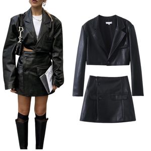 Two Piece Dress Autumn Spicy Girls Black Casual Short Suit Coat Pocket Vintage High Waist Skirt Small Leather Women's FashionSet 230324