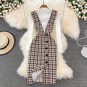 Two Piece Dress Office Lady Two-piece Suit Woman Woolen Plaid Singel Breasted es Slim Sweater Tops Sets Korean 2 Pcs Outfits 230325