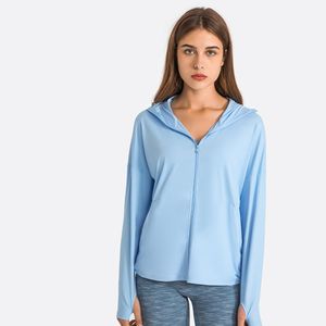 ll Abbigliamento da yoga da donna Felpe con protezione solare Felpe con cappuccio a maniche lunghe Cerniera Giacca con cappuccio Camicie casual UPF 50 T-shirt con cerniera intera con protezione solare Tasche per l'estate