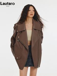 Women's Jackets Lautaro Spring Autumn Cool Oversized Soft Brown Faux Leather Biker Jacket Women Zipper Loose Luxury Designer Unisex Clothes 2023 230324