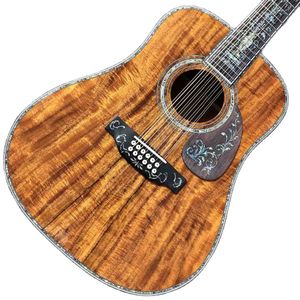 Custom 12 Strings Solid Koa Wood Top Guitar Ebony Fingboard de encadernação de abalone de abalone e guitarra elétrica acústica embutida