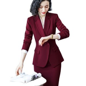 Two Piece Dress Novelty Wine Formal Women Business Suits with Skirt and Jackets Coat Ladies Office Professional Blazers Autumn Winter OL Styles 230324