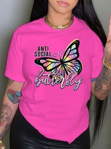 Women's Plus Size TShirt LW Tops Butterfly Letter Print Tshirt L5XL Regular Short Sleeve Positioning Printing O Neck Tee For Women 230324