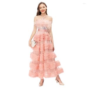Casual Dresses Beige/Pink Fluffy Feather Glitter Sequins Satin Waistline Ankle Length Long Maxi Strapless Backless Sexy Party Ceremony