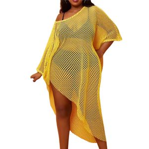 Costumi da bagno da donna XL-4XL Abito da spiaggia di grandi dimensioni per le donne Maglia gialla Scava fuori Cover Up Irregolare Allentato Seaside Lady Plus 220325