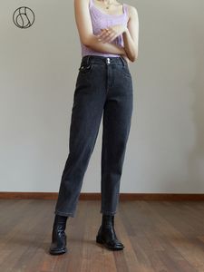 Mäns jeans dushu kvinnors vinter alla matchar smala mörkgrå avsmalnande byxkvinnor retro hög stigning elastisk midja sträcka rak tjock jean 230325
